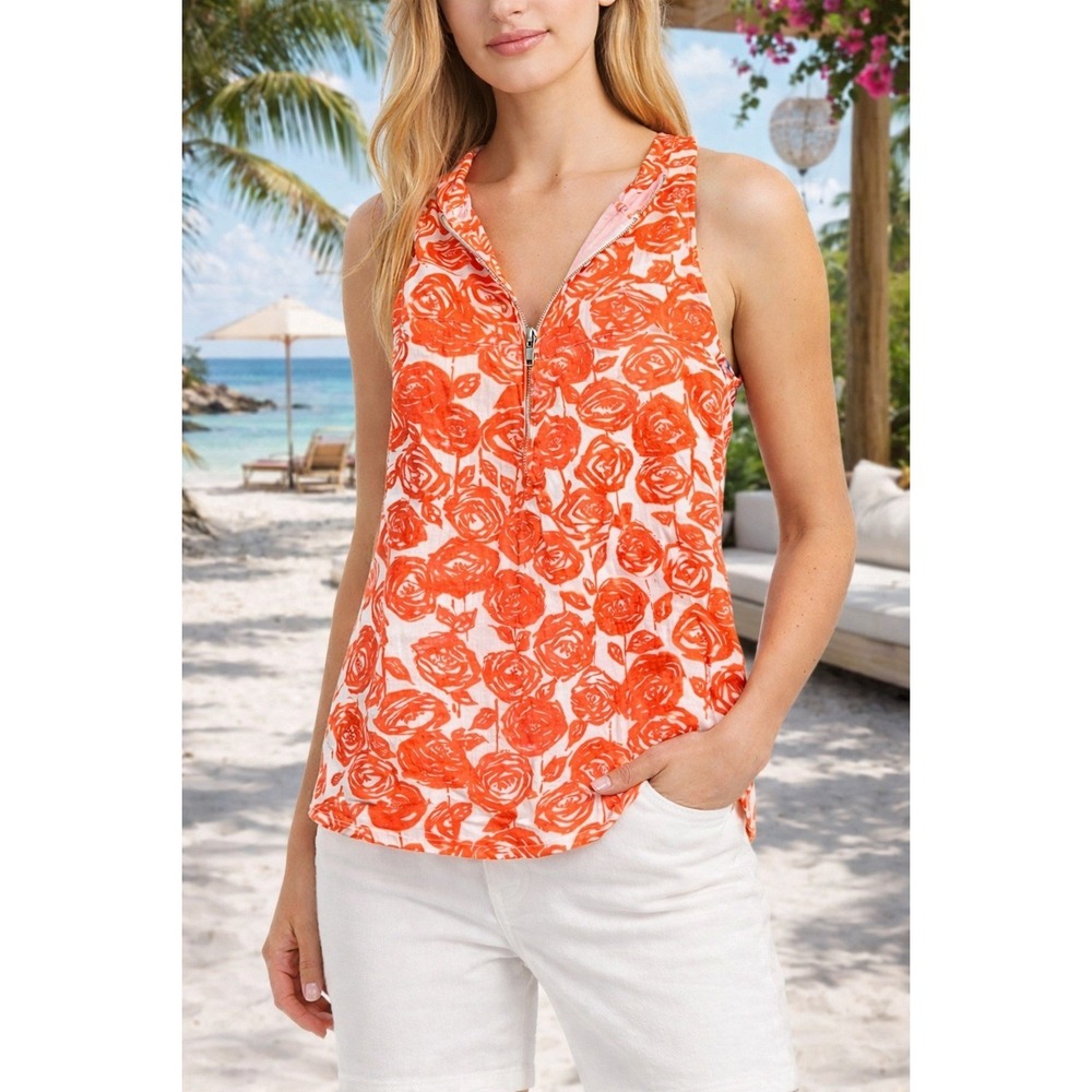 J.Crew Floral Sleeveless Zip Back Top Size‎ 8 Orange White Cotton Ramie Lined